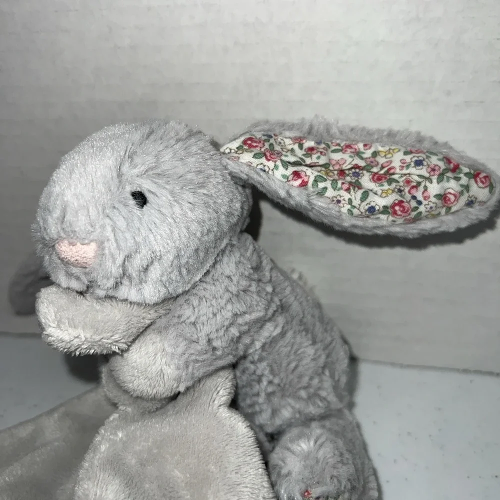 Jellycat Comforter Blanket Silver Grey Bunny Rabbit Floral Flower Pink Ears
